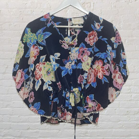 Yumi Kim Shacara Silk Blouse S Floral Crochet Trim Cinched Waist V-Neck - Picture 2 of 16